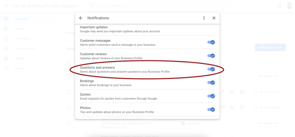 Google Business Profile Email Notification Settings