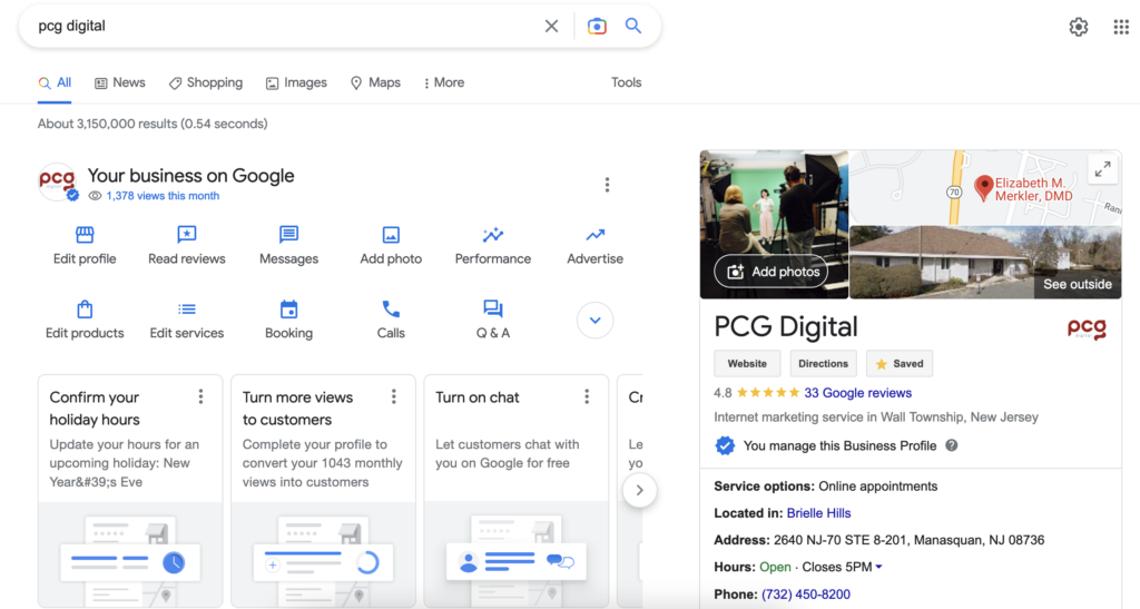 PCG Digital Google Business Profile Search Dashboard