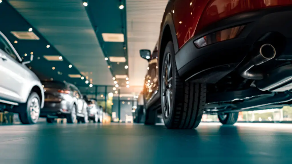 Ground view of car lineup in automotive show room