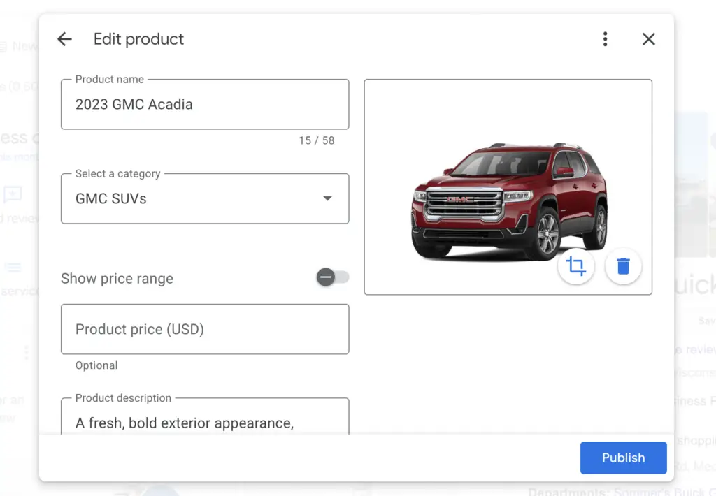 edit products and cars on google business profile