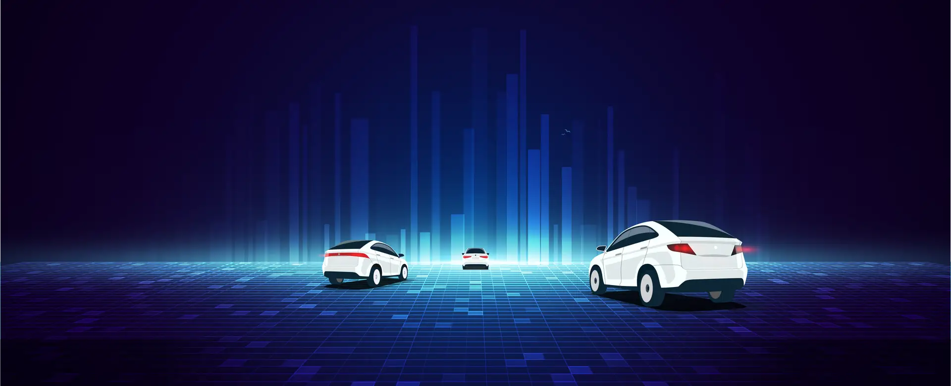 Digital image of white cars driving on a blue background