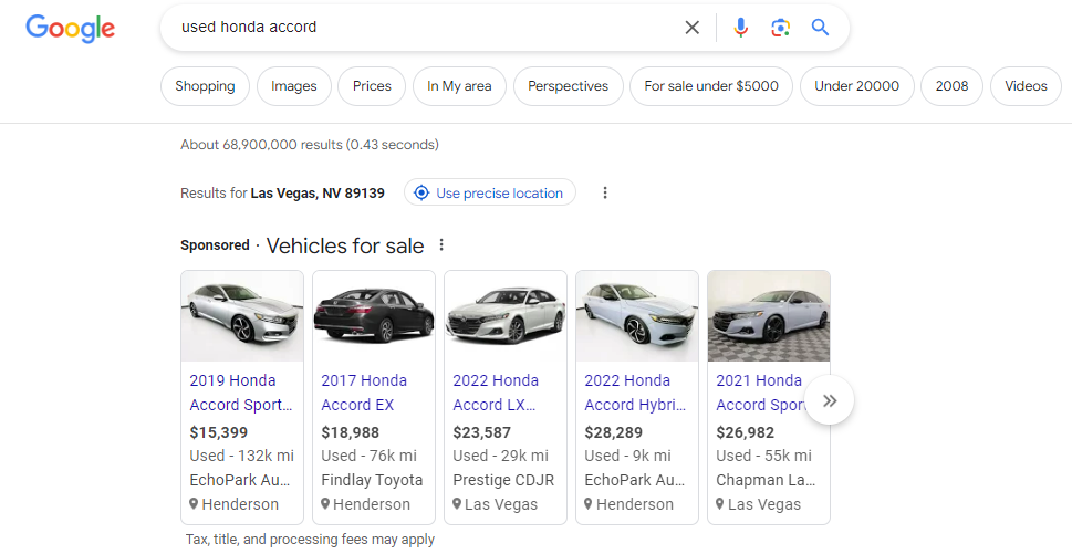 Used Honda Accord search results in Google